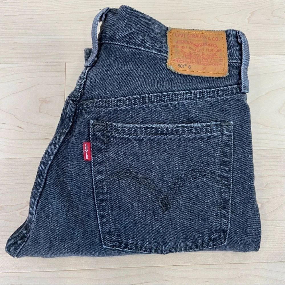 Levis 501 premium jeans black button fly ripped knees high rise waist size 25 - Picture 5 of 12